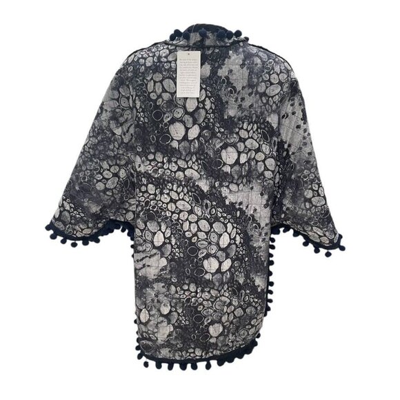 Soft Surroundings L/XL Kimono Jacket Batik Print Boho Chic Pom Pom Trim Festival - Picture 10 of 10
